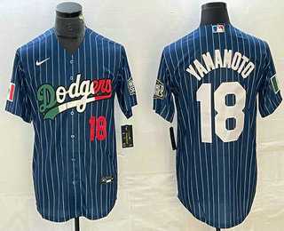 Mens Los Angeles Dodgers #18 Yoshinobu Yamamoto Number Navy Blue Pinstripe Mexico 2020 World Series Cool Base Nike Jersey1->los angeles dodgers->MLB Jersey